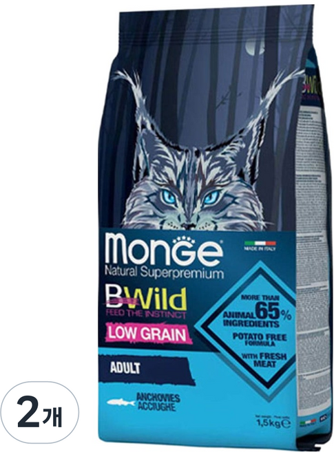 몬지 어덜트 캣 비와일드 로우그레인 건식사료, 혼합맛, 1.5kg, 2개