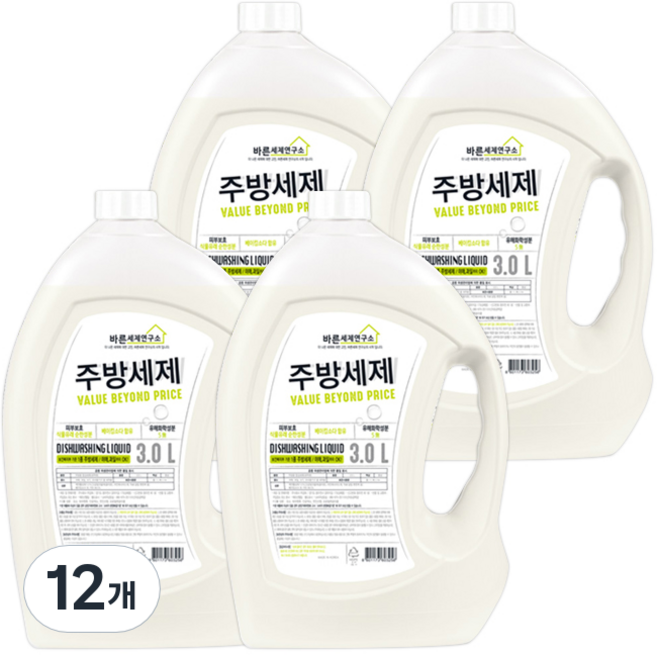 바른세제연구소 베이킹소다 주방세제, 3L, 12개