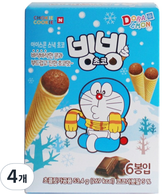 초키앤쿠키 바스락 도라에몽 아이스콘 스낵 초코, 53.4g, 4개