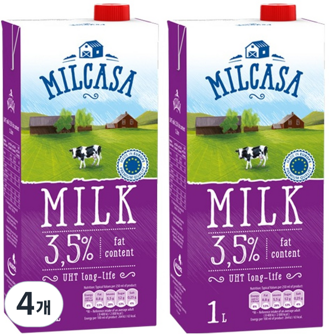 MLEKPOL 밀카사 멸균우유 3.5%, 1L, 4개