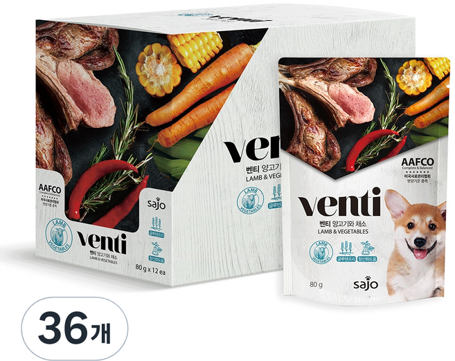 사조벤티 파우치 강아지 습식 간식, 양고기 + 채소 혼합맛, 80g, 36개
