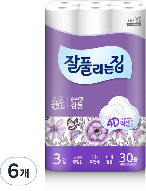 잘풀리는집 순수한 감동 3겹 롤화장지, 25m, 30롤, 6개
