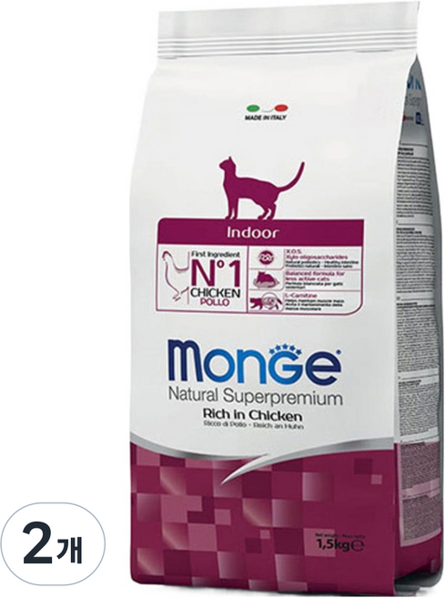 몬지 어덜트 고양이 내추럴 슈퍼프리미엄 인도어 건식사료, 닭, 1.5kg, 2개