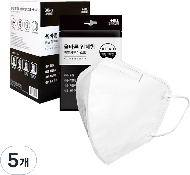 더올바른 비말차단 마스크 대형 KFAD, 30개입, 5개, 화이트