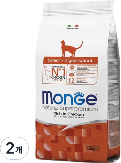 몬지 시니어 고양이 내추럴 슈퍼프리미엄 건식사료, 닭, 1.5kg, 2개
