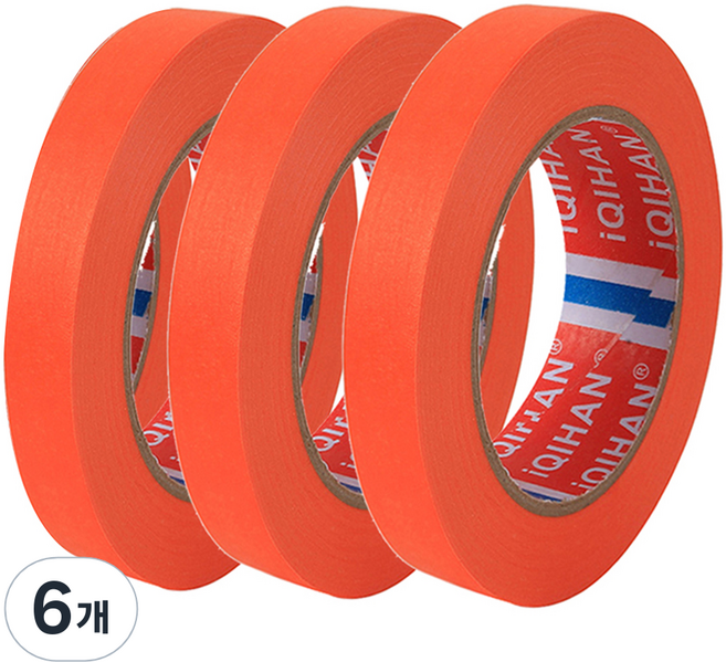 iQIHAN 칼라 마스킹 종이테이프 15mm x 15m, 오렌지, 6개