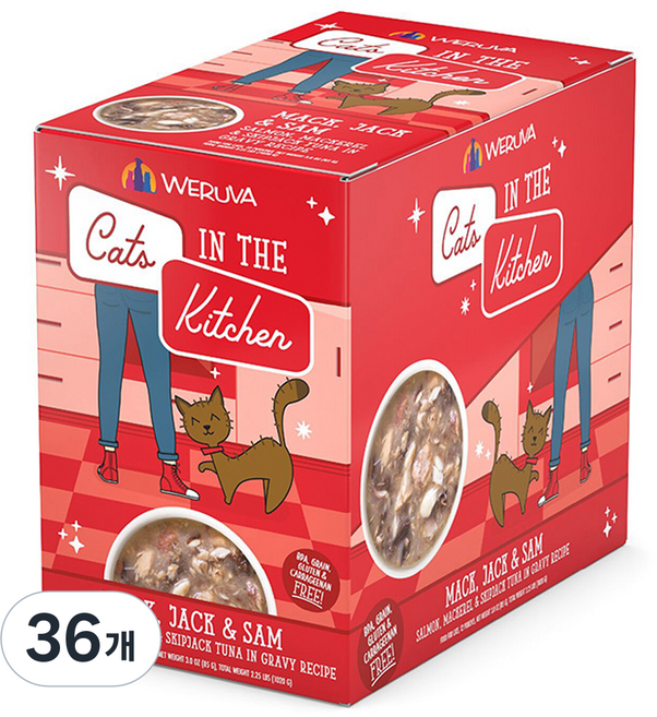 웨루바 캣츠인더키친 맥 잭 앤 샘 주식파우치, 연어, 85g, 36개