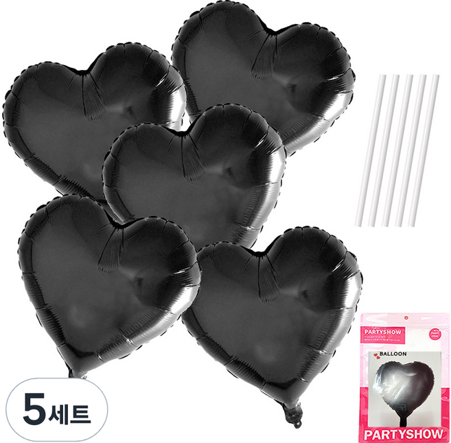 파티쇼 하트 은박 풍선 45cm 5p + 빨대 5p 세트, 블랙(풍선), 5세트