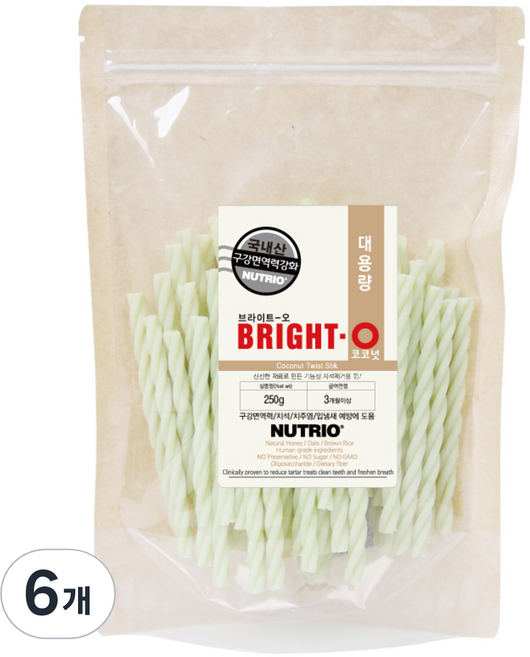뉴트리오 강아지 브라이트오 치석껌 대용량, 코코넛, 250g, 6개