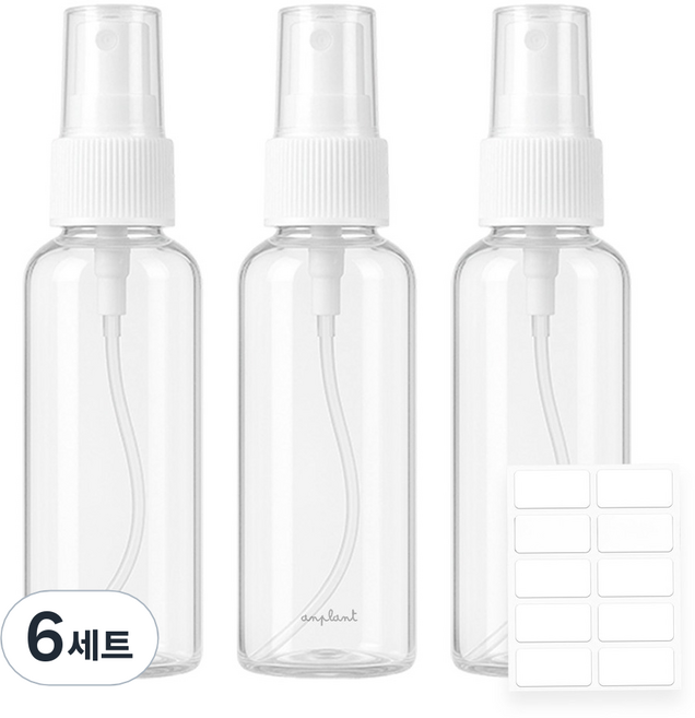 앙플랜트 베이직 스프레이 용기 120ml x 3p + 스티커 라벨 세트, 6세트, 화이트 + 투명