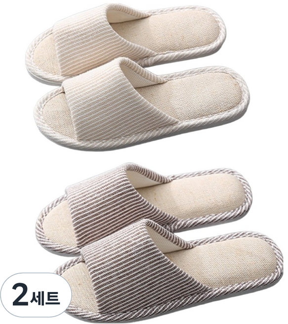 아리코 쿠션 스트라이프 거실 실내화 커플 2종 세트, 카키, 브라운, 2세트