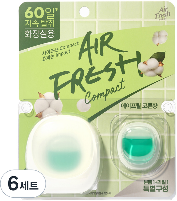 에어후레쉬 컴팩트 비치형 화장실용 방향제 본품 6ml + 리필 6ml 세트, 12ml, 6개, 에이프릴 코튼향