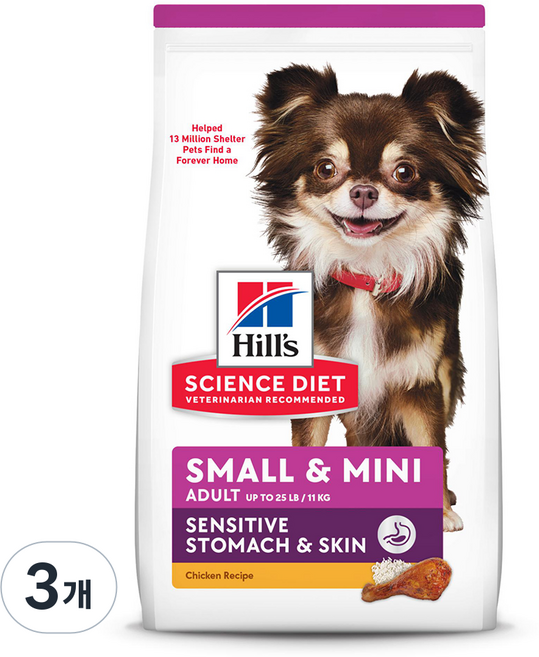 힐스사이언스다이어트 강아지 어덜트 스몰 앤 미니 기능성 사료, 피부/피모+장건강, 1.8kg, 3개