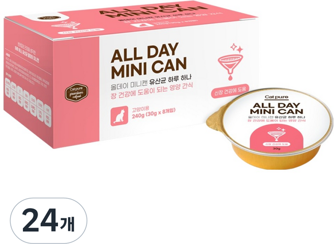 캣퓨어 고양이 올데이 유산균 미니 장건강 신장관리 도움 기능성 습식 간식캔, 24개, 30g, 혼합맛(치킨/연어)