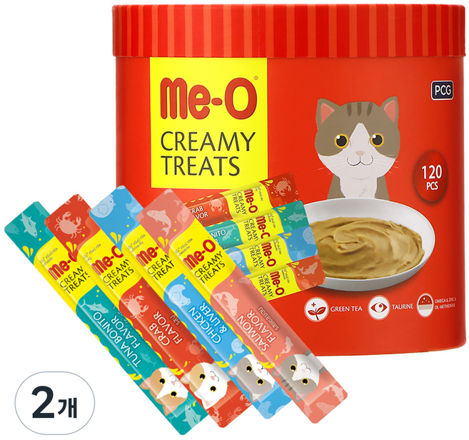 MeO 고양이 크리미 버라이어티 간식 파우치, 혼합맛(참치/연어/게/치킨&리버), 1.8kg, 2개