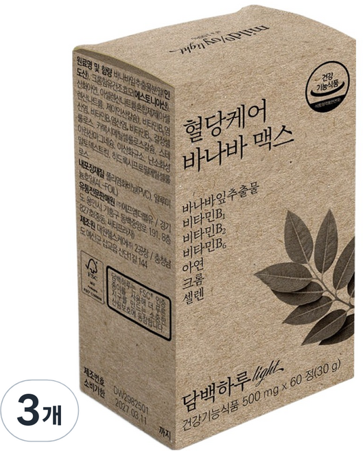담백하루 혈당케어 바나바맥스 바나바잎 비타민B 아연 크롬 셀렌 60p, 30g, 3개