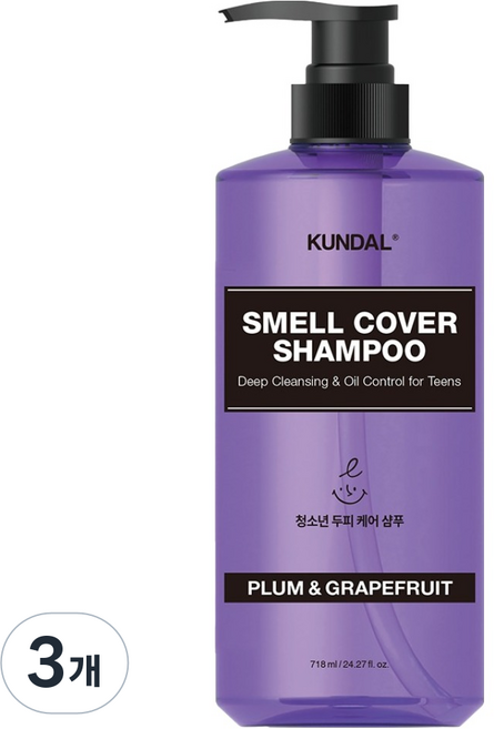 쿤달 청소년 정수리 냄새 커버 샴푸 플럼앤그레이프프룻향, 718ml, 3개