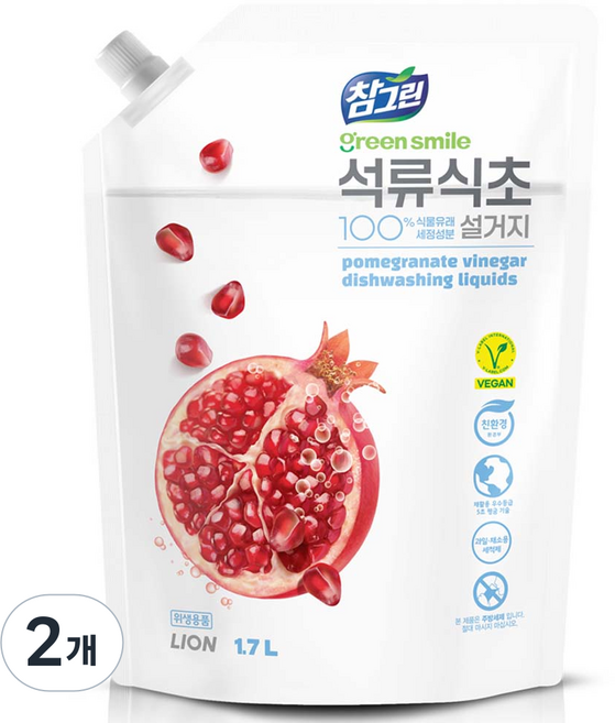 참그린 석류식초 설거지 주방세제 리필, 1.7L, 2개