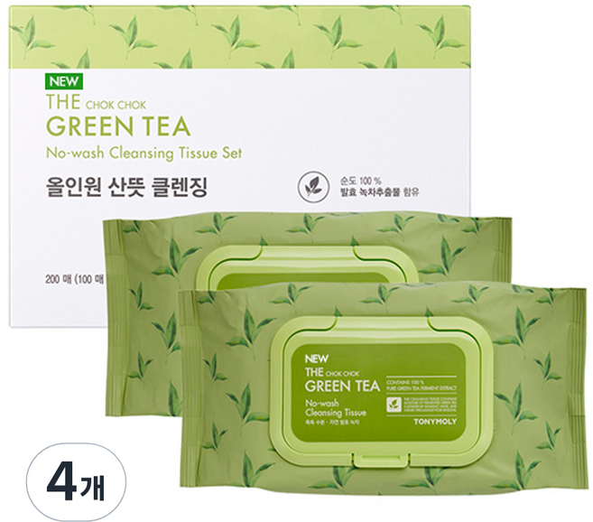 토니모리 더촉촉 그린티 노워시 클렌징 티슈 세트, 100매입, 4개