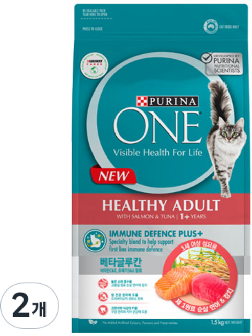 퓨리나원 원캣 어덜트용 순살 고양이 건식사료, 연어, 1.5kg, 2개