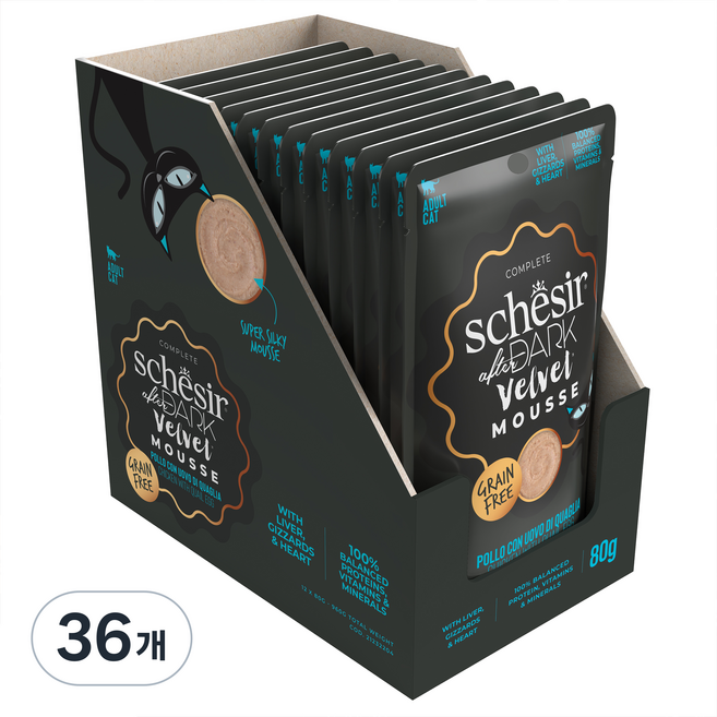 스케지어 어덜트용 고양이 에프터다크 벨벳무스 주식 파우치, 닭, 80g, 36개