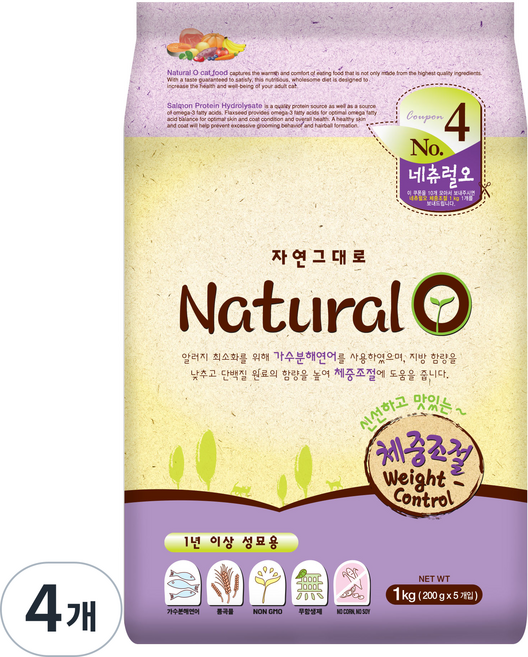 네츄럴오 고양이 기능성 사료, 1kg, 4개