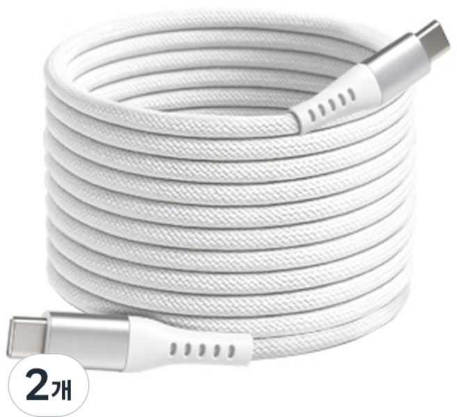 코시 마그네틱 자석형 꼬임방지 고속충전 패브릭 100W C-C타입 충전 케이블, 화이트, 2개, 2m