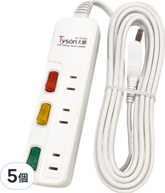 Tyson 太順電業 2孔3開3插防雷擊延長線插座 15尺 TS-233AS, 4.5m, 白色, 5個