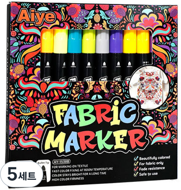 모디안 의류용 DIY 패브릭마커 펜 세트 혼합색상 14.4 x 14.7 x 2.5cm, 24색, 5세트