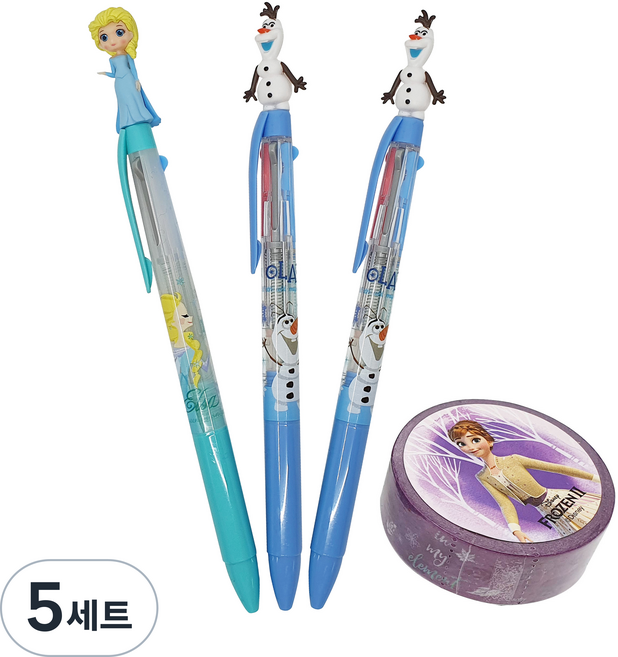 디즈니 겨울왕국 2 마스코트 3색 볼펜 0.5mm 엘사 + 올라프 2p + 마스킹테이프 1.5cm x 7m 세트 B타입, 혼합색상, 5세트
