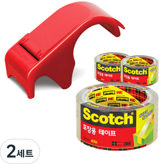 스카치 포장용 박스 테이프 디스펜서 DP-300RD + 투명 포장용 테이프 3650 48mm × 40m 3개, 혼합 색상, 2세트