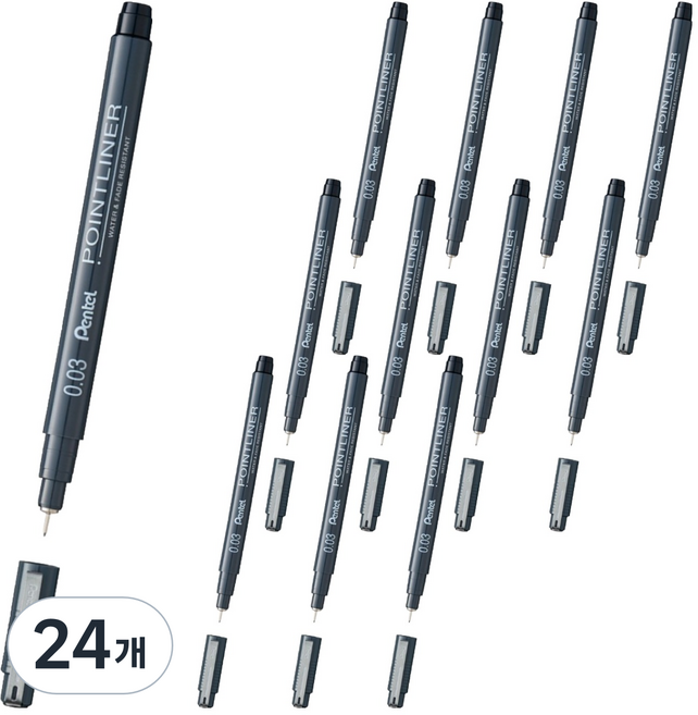 펜텔 포인트라이너 수성 드로잉펜 0.03mm S20P-03A, Black, 24개