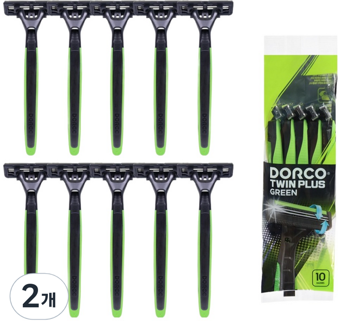 도루코 트윈 플러스 그린 일회용 면도기, 10개입, 2개