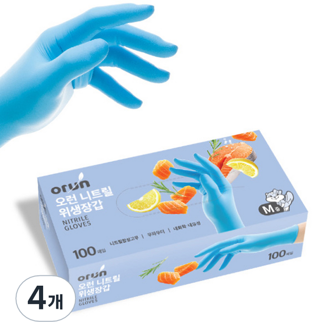 오런 니트릴 위생장갑 100, 블루, 중(M), 4개