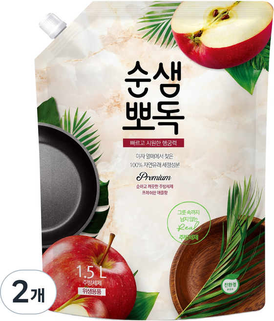 Soonsaem Ppodeuk蘋果香洗碗精補充包, 1.5L, 2個