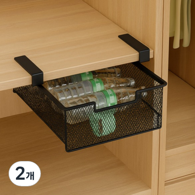 철재 무타공 슬라이딩 언더 서랍 38 x 25 x 12 cm, Black, 2개