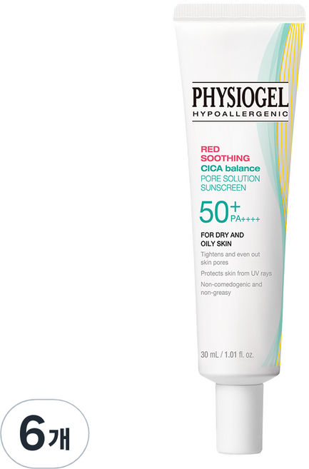 PHYSIOGEL 潔美淨 CICA積雪草平衡毛孔調理防曬霜 SPF50+ PA++++, 6個, 30ml