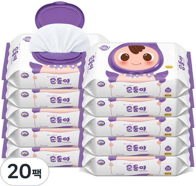 순둥이 프리미엄 엠보싱 아기 물티슈 캡형, 65g, 70매, 20개