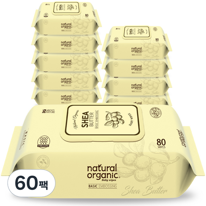 네츄럴오가닉 엠보싱 아기 물티슈 캡형 시어버터, 60g, 80매, 60개