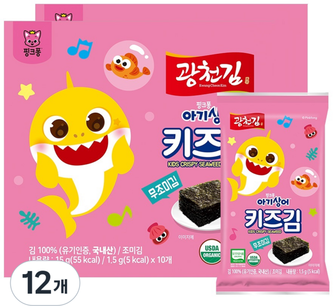 광천김 핑크퐁 아기상어 무조미 키즈김, 무조미김, 15g, 12개