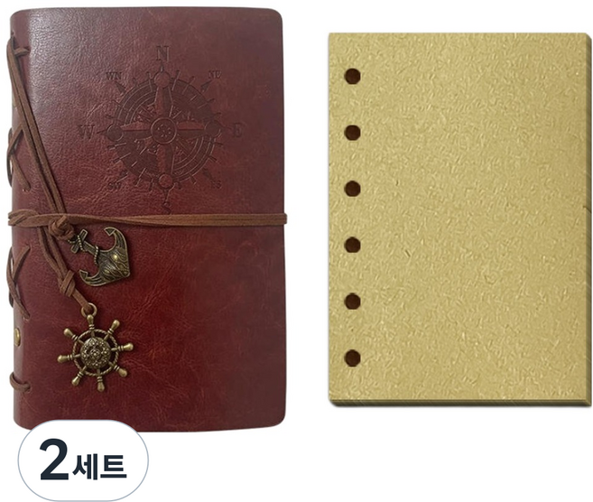 코쿠리 A6 다이어리 빈티지 가죽 노트 속지 세트 5W0888, 다크 브라운, 2세트