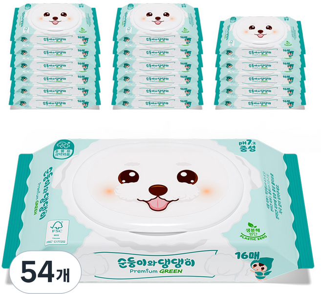 순둥이 반려동물 순둥이와 댕댕이 프리미엄 그린 중성 물티슈 휴대용, 16개입, 54개