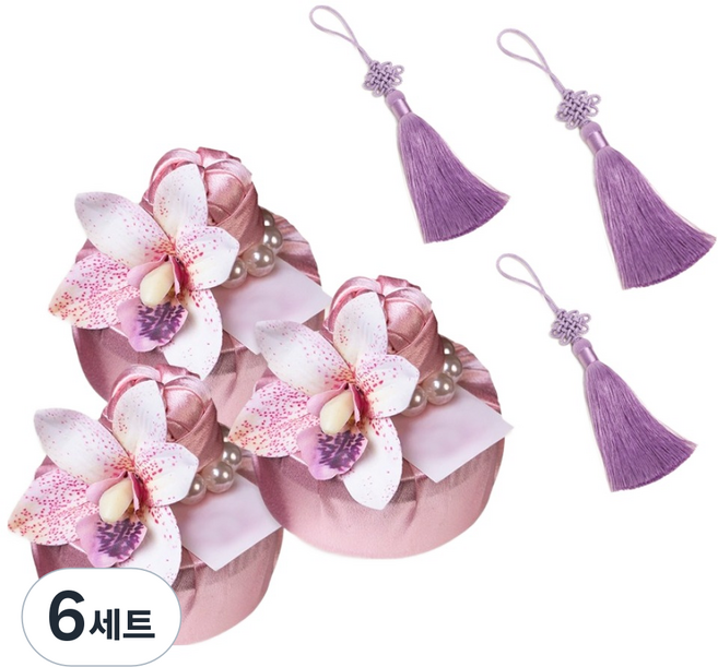 마메 고급 실크 보자기 + 노리개 세트, 핑크 + 퍼플, 6세트