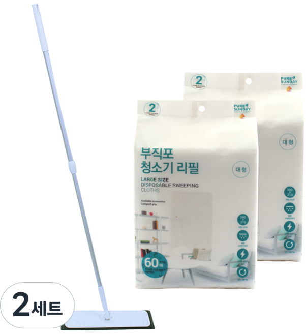 선우랜드 막대걸레 대형 2단 부직포 청소기 + 청소포 3p + 정전기 부직포 청소포 120p, 2세트