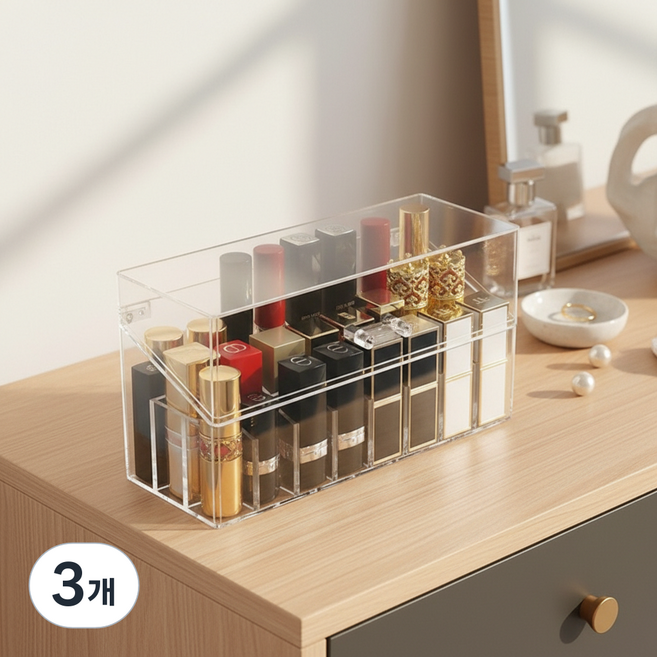 조인메이드 뚜껑있는 투명 립스틱 화장품 보관 화장대 정리 케이스 24칸, 3개