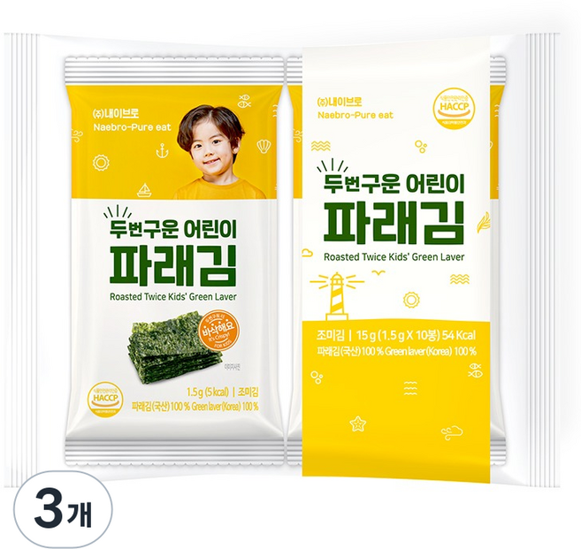퓨어잇 두번구운 어린이 파래김, 김맛, 15g, 3개