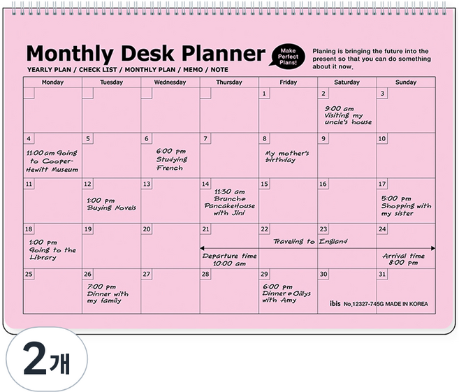 아이비스 PP 탁상용 먼슬리 플래너, 연핑크, 2개