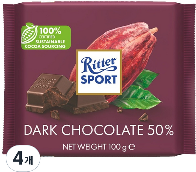 리터스포트 다크 초콜릿 50%, 100g, 4개