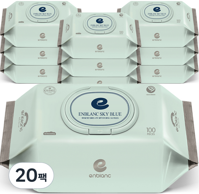 앙블랑 스카이 블루 유아물티슈 캡형, 20개, 100매
