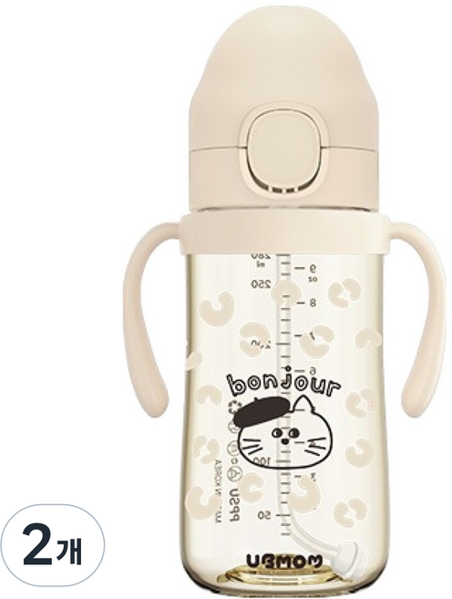 유비맘 유아 PPSU 봉주르몽 원터치 빨대컵, 280ml, 2개, 베이지